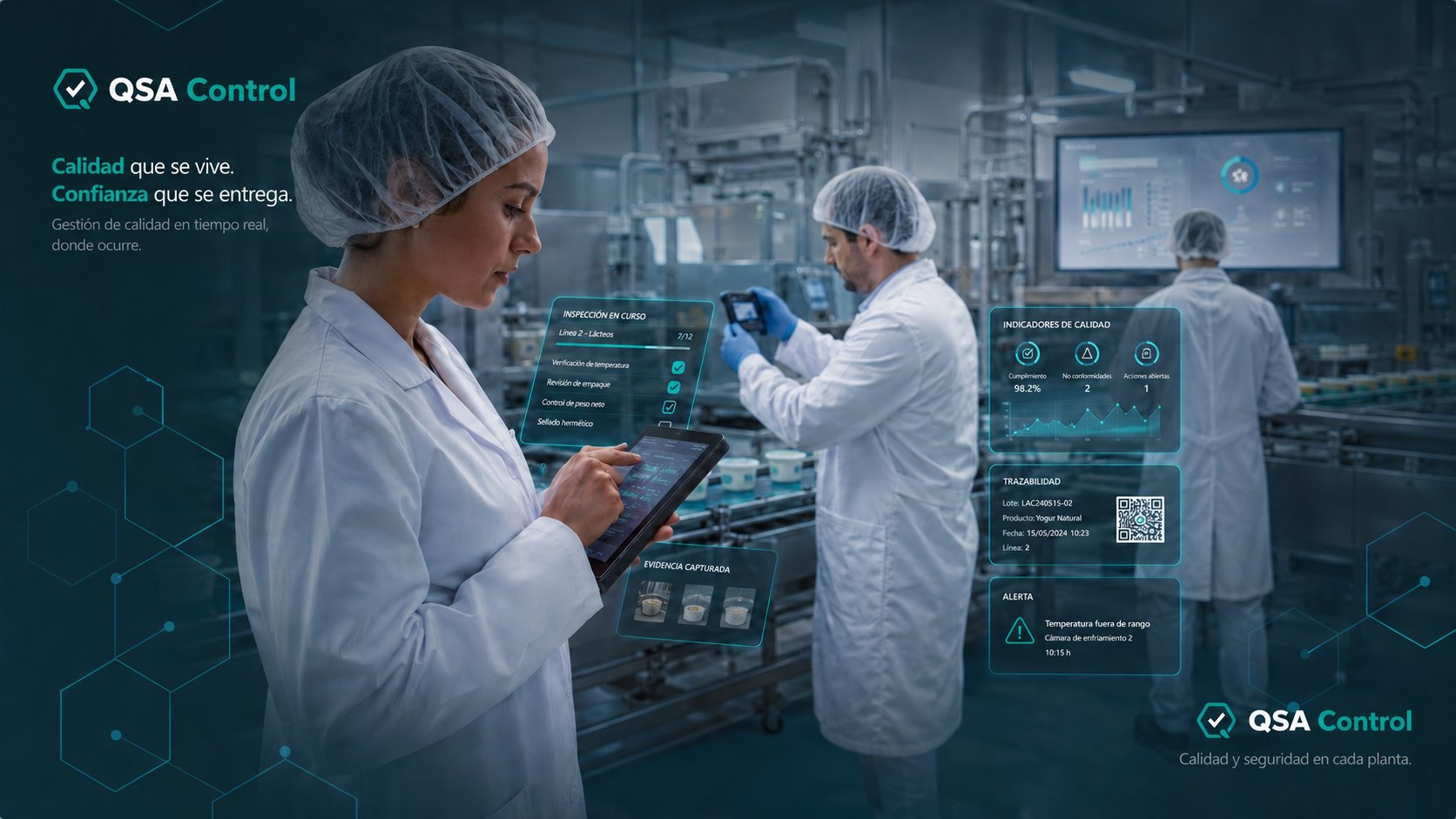 Equipo de calidad usando QSA Control en una planta de alimentación: panel de inspección en curso, indicadores de cumplimiento al 98,2 %, no conformidades y acciones abiertas, trazabilidad por lote y alerta de temperatura en tiempo real.