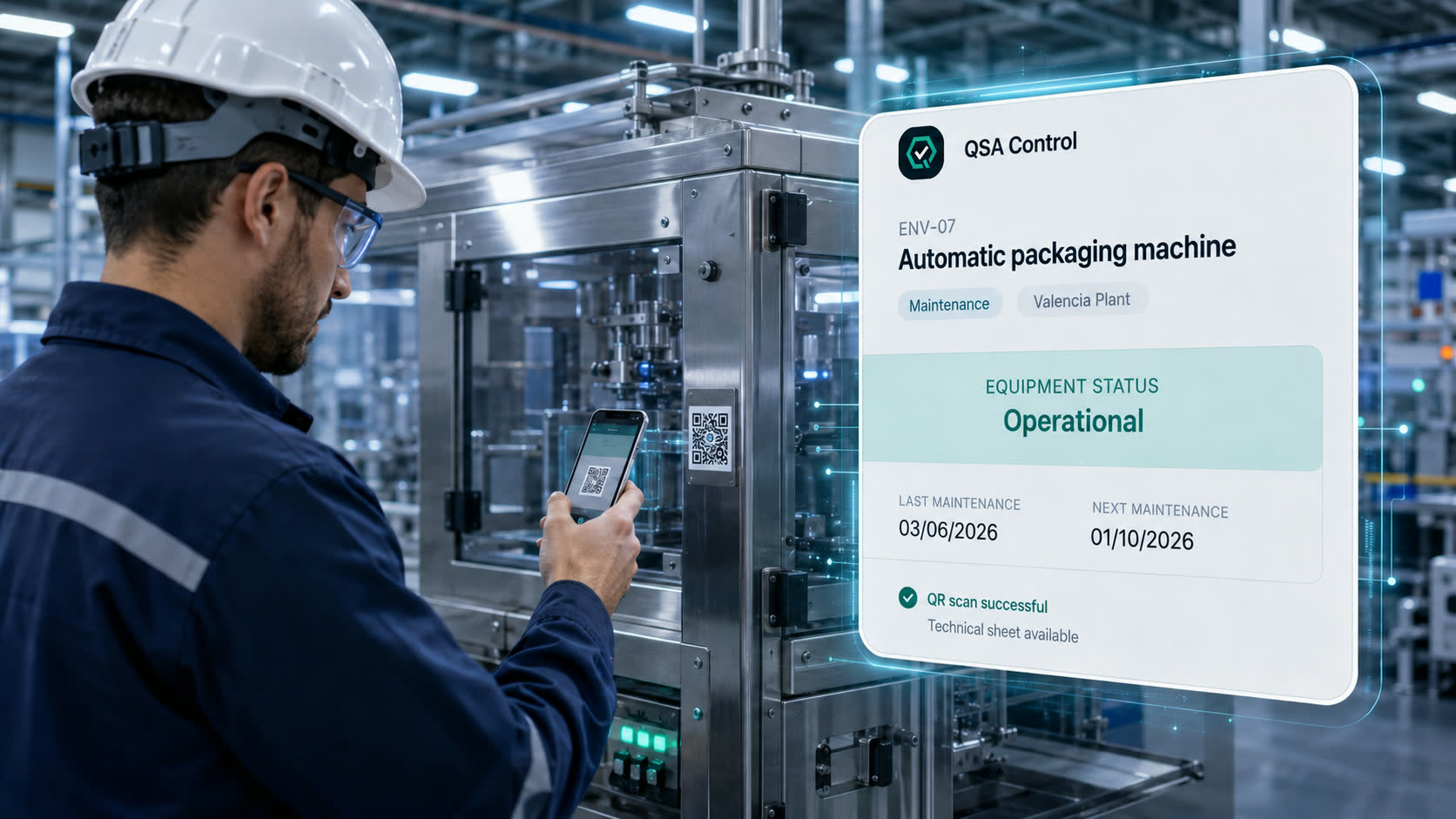 Operator scanning a packing machine’s QR: the QSA Control public record shows the item, its status (Operational) and the maintenance dates.