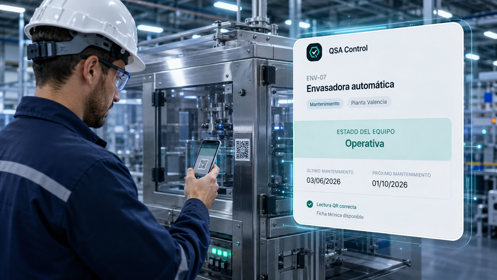 Operario escaneando el QR de una envasadora: la ficha pública de QSA Control muestra el equipo, su estado (Operativa) y las fechas de mantenimiento.